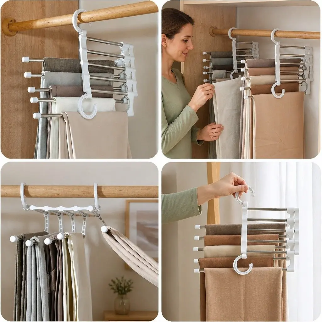 Pants Hangers Stainless Steel Adjustable Non-Slip 4 Pack Closet Storage