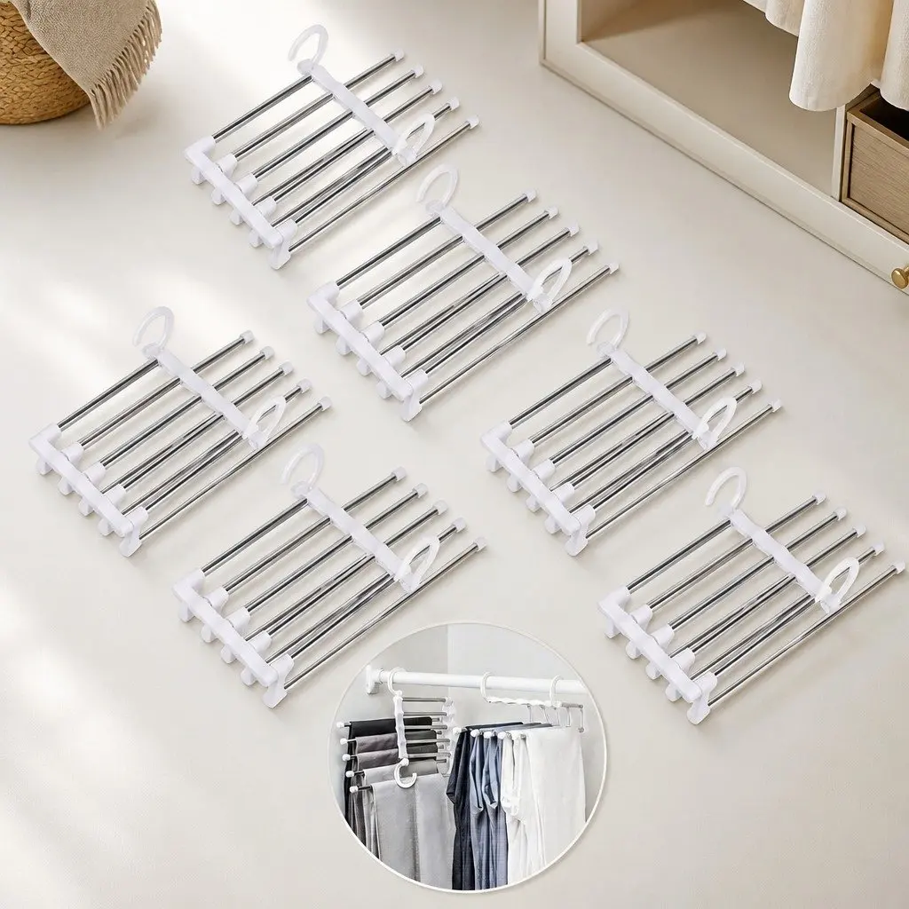 Pants Hangers Stainless Steel Adjustable 6 Pack Non-Slip Space Saving