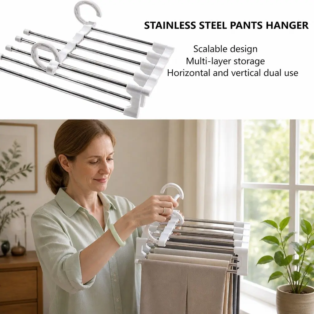 Pants Hangers Stainless Steel Adjustable 6 Pack Non-Slip Space Saving