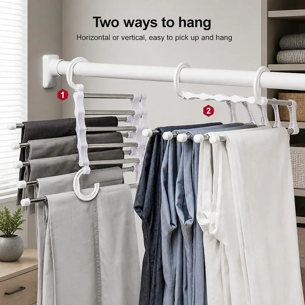 Pants Hangers Stainless Steel Adjustable 6 Pack Non-Slip Space Saving