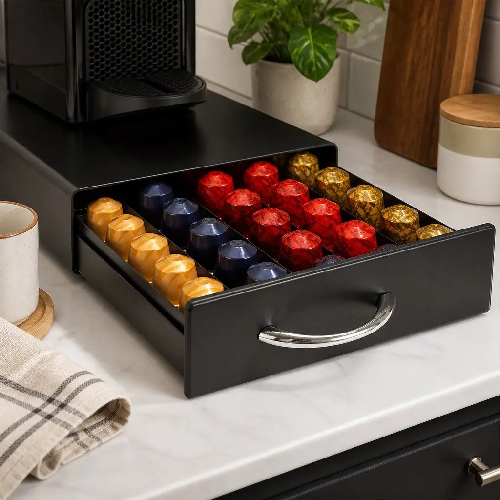 Coffee Pods Holder Storage Drawer Organiser Cast Iron Steel Frame Black 39 x 26 x 6.5 cm