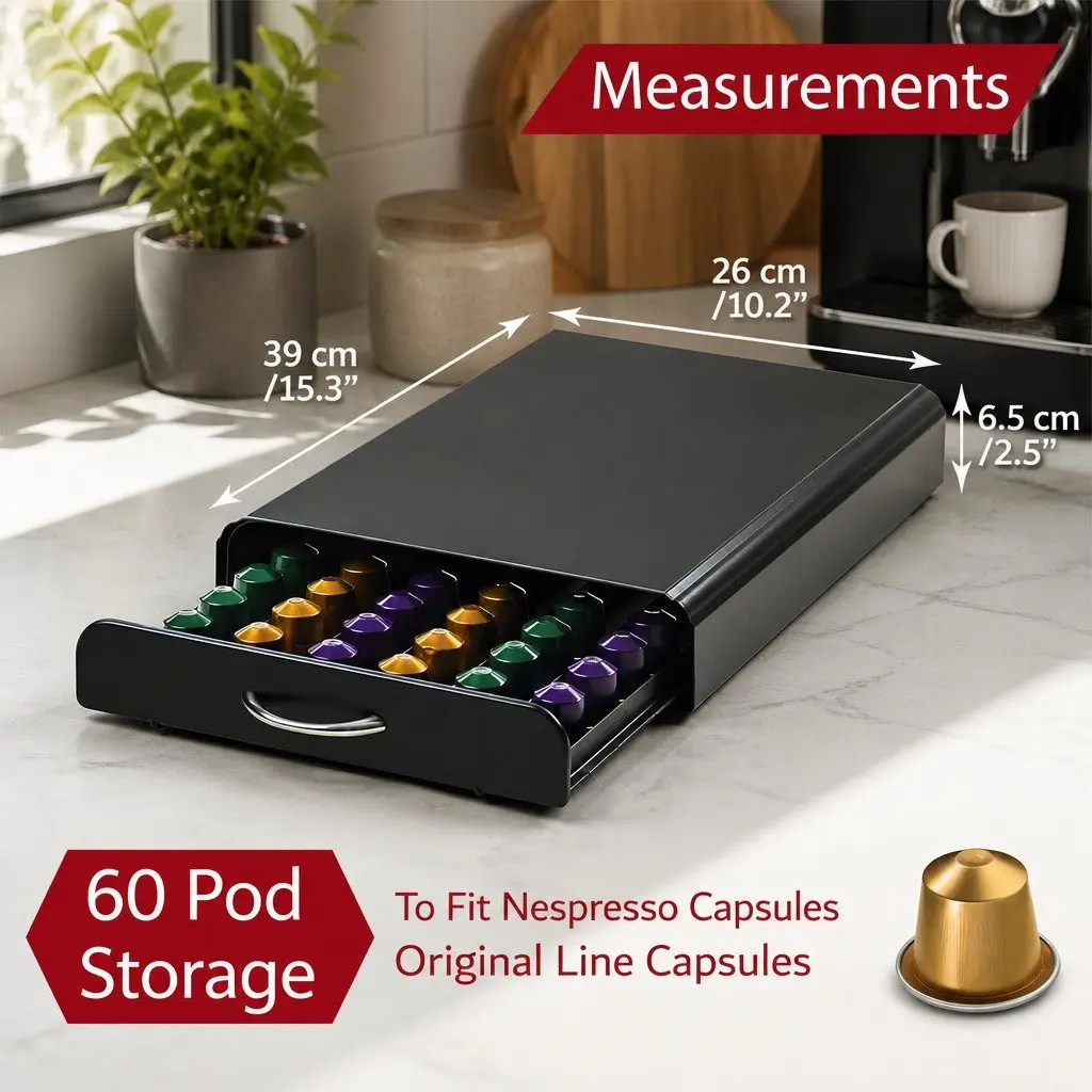 Coffee Pods Holder Storage Drawer Organiser Cast Iron Steel Frame Black 39 x 26 x 6.5 cm