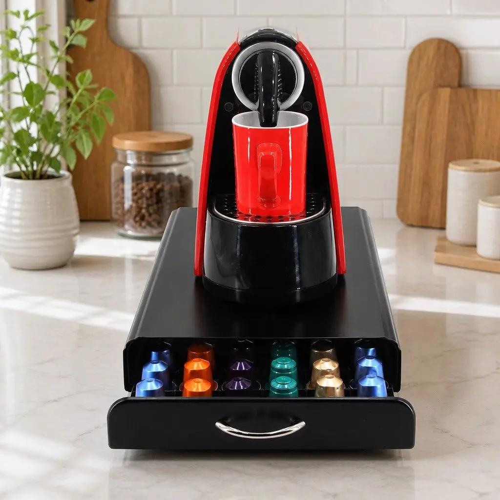 Coffee Pods Holder Storage Drawer Organiser Cast Iron Steel Frame Black 39 x 26 x 6.5 cm