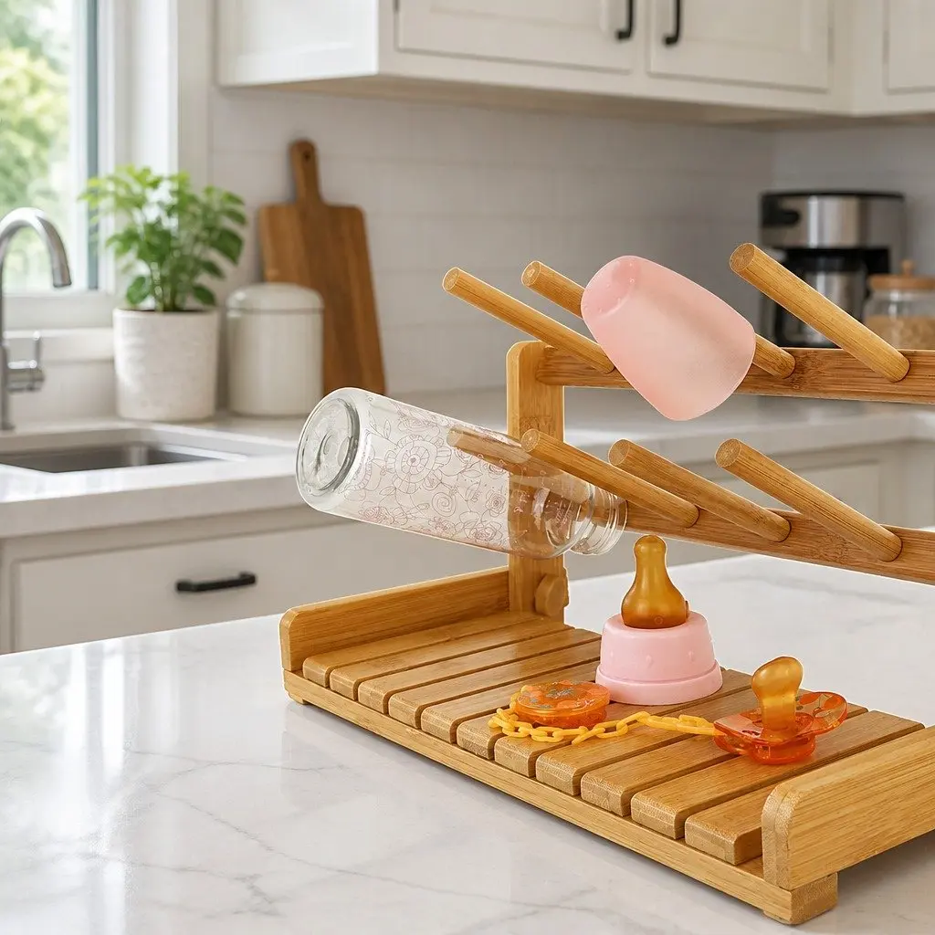 Bamboo Baby Bottle Drying Rack for Countertops