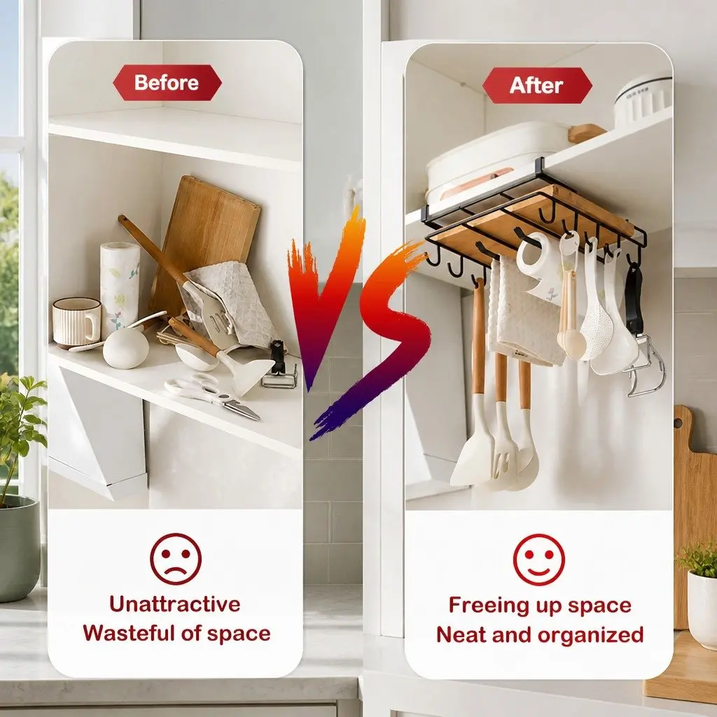Under Cabinet Organizer Stainless Steel Multifunctional Space-Saving Kitchen Storage 25.5 x 25 x 10 cm