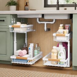 2-Tier Under Sink Kitchen Storage Organiser Height Adjustable Sliding Baskets