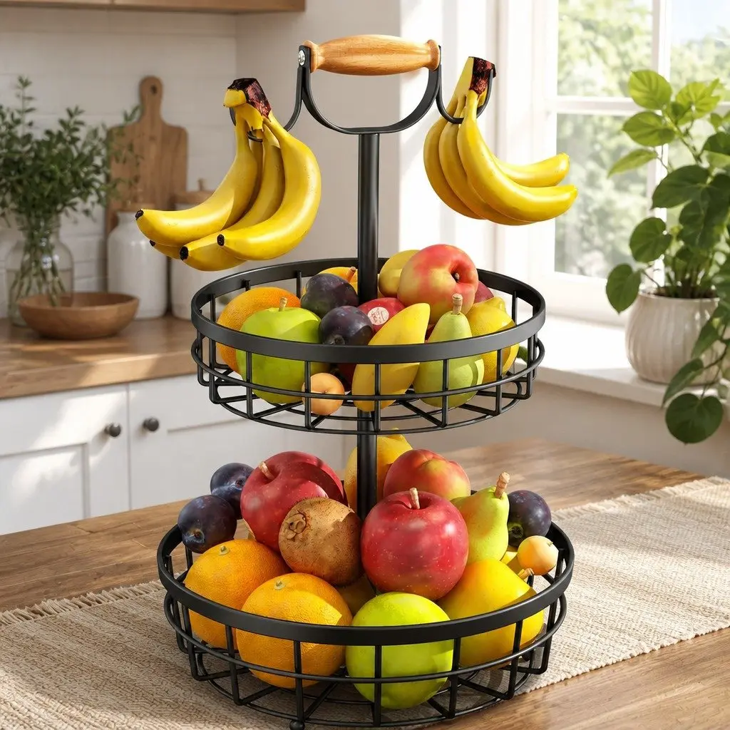 2-Tier Fruit Basket Bowl with Wood Lift Handle