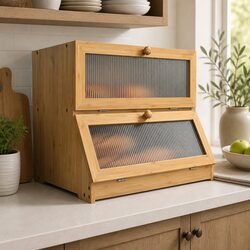 Premium Double Layer Bamboo Bread Box with Clear Window