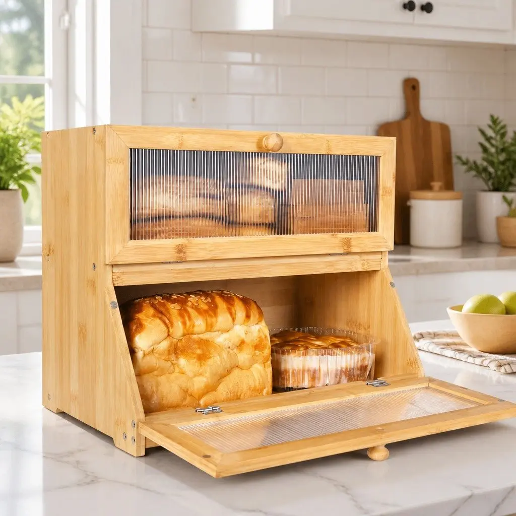 Double Layer Bamboo Bread Box Kitchen Counter Storage Clear Window Large