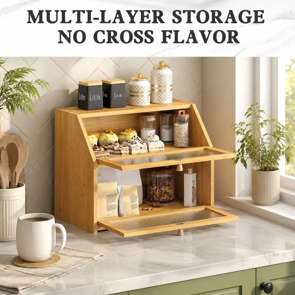 Double Layer Bamboo Bread Box Kitchen Counter Storage Clear Window Large