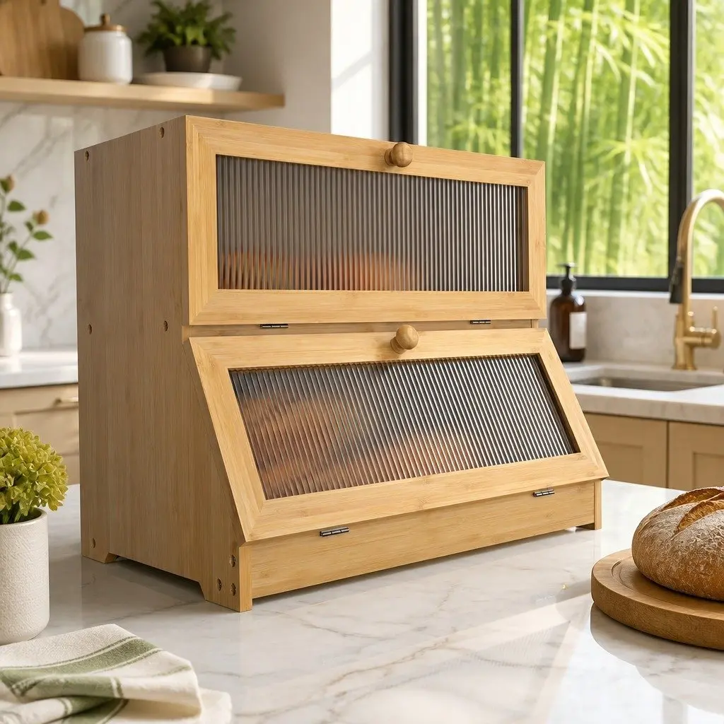 Double Layer Bamboo Bread Box Kitchen Counter Storage Clear Window Large