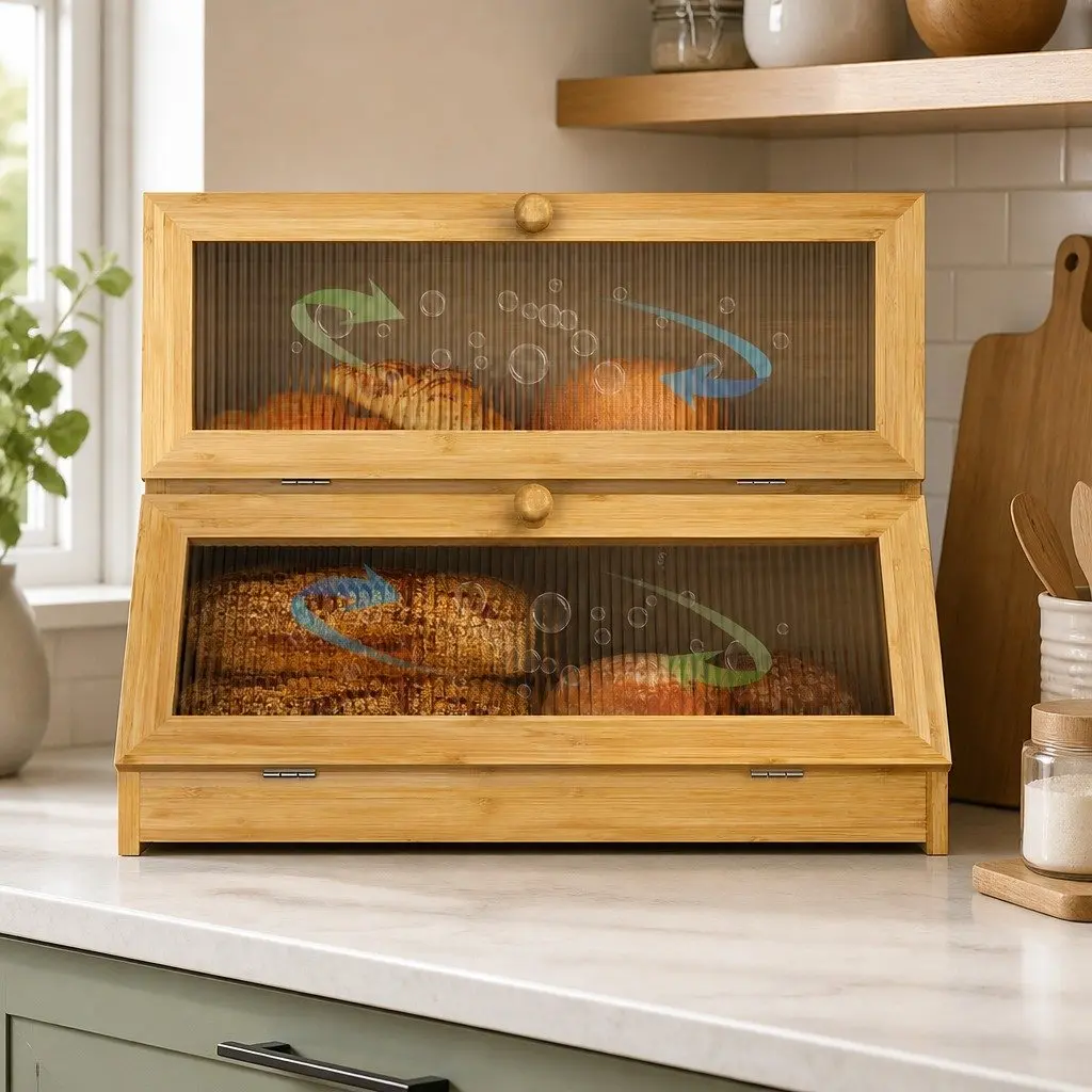 Double Layer Bamboo Bread Box Kitchen Counter Storage Clear Window Large