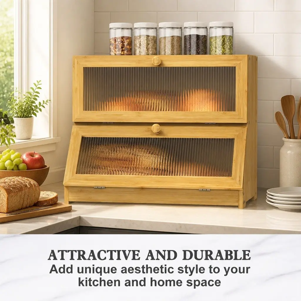Double Layer Bamboo Bread Box Kitchen Counter Storage Clear Window Large