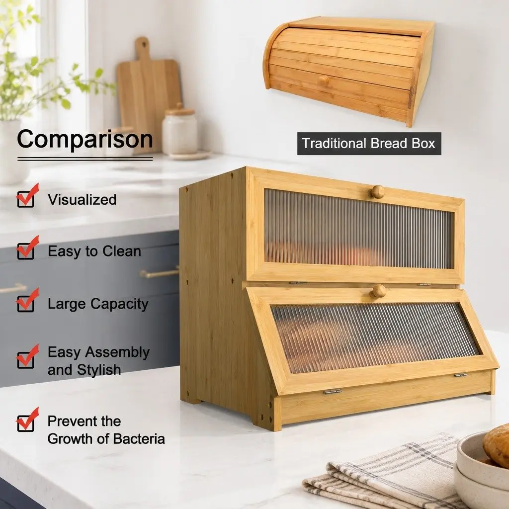 Double Layer Bamboo Bread Box Kitchen Counter Storage Clear Window Large