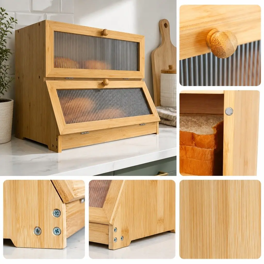 Double Layer Bamboo Bread Box Kitchen Counter Storage Clear Window Large