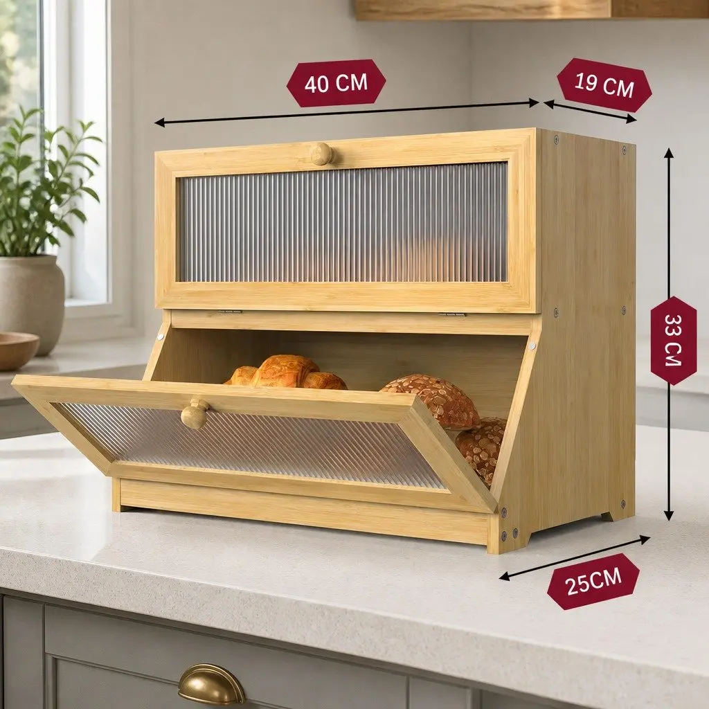 Double Layer Bamboo Bread Box Kitchen Counter Storage Clear Window Large