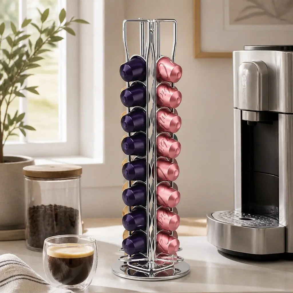 Coffee Pods Holder Iron 37.5x11.2x11.2cm Chrome Rotating Carousel Storage Organiser