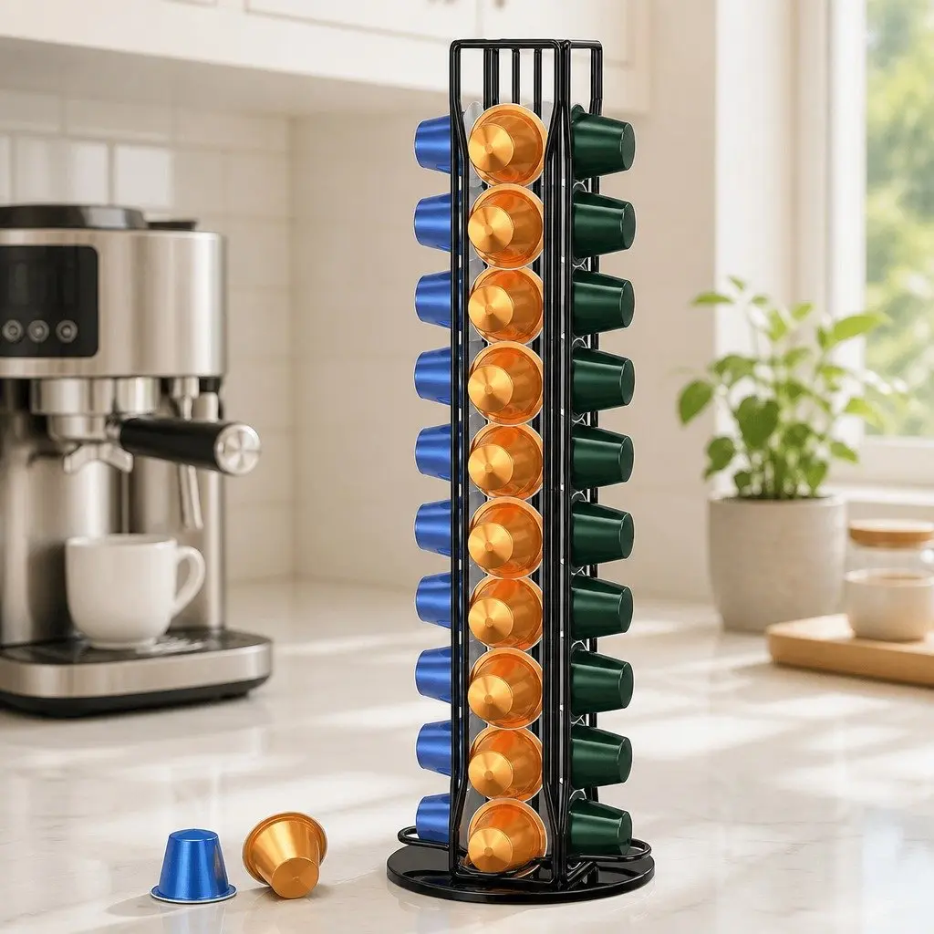 Coffee Pods Holder Iron 37.5cm Chrome Plated Storage Rotating Organiser