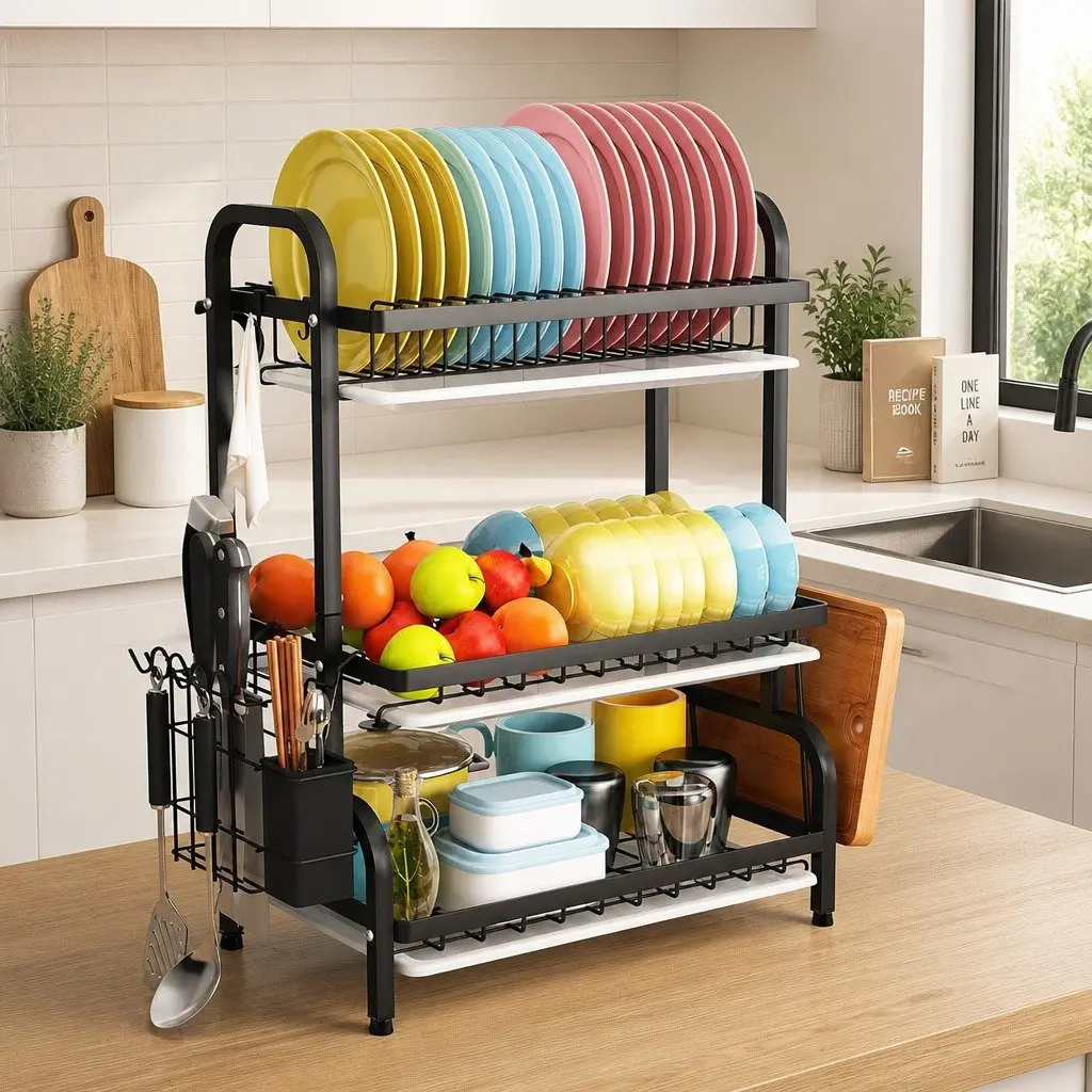 Large Capacity 3-Tier Dish Drying Rack for Kitchen