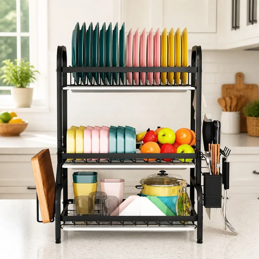 Large Capacity 3-Tier Dish Drying Rack for Kitchen