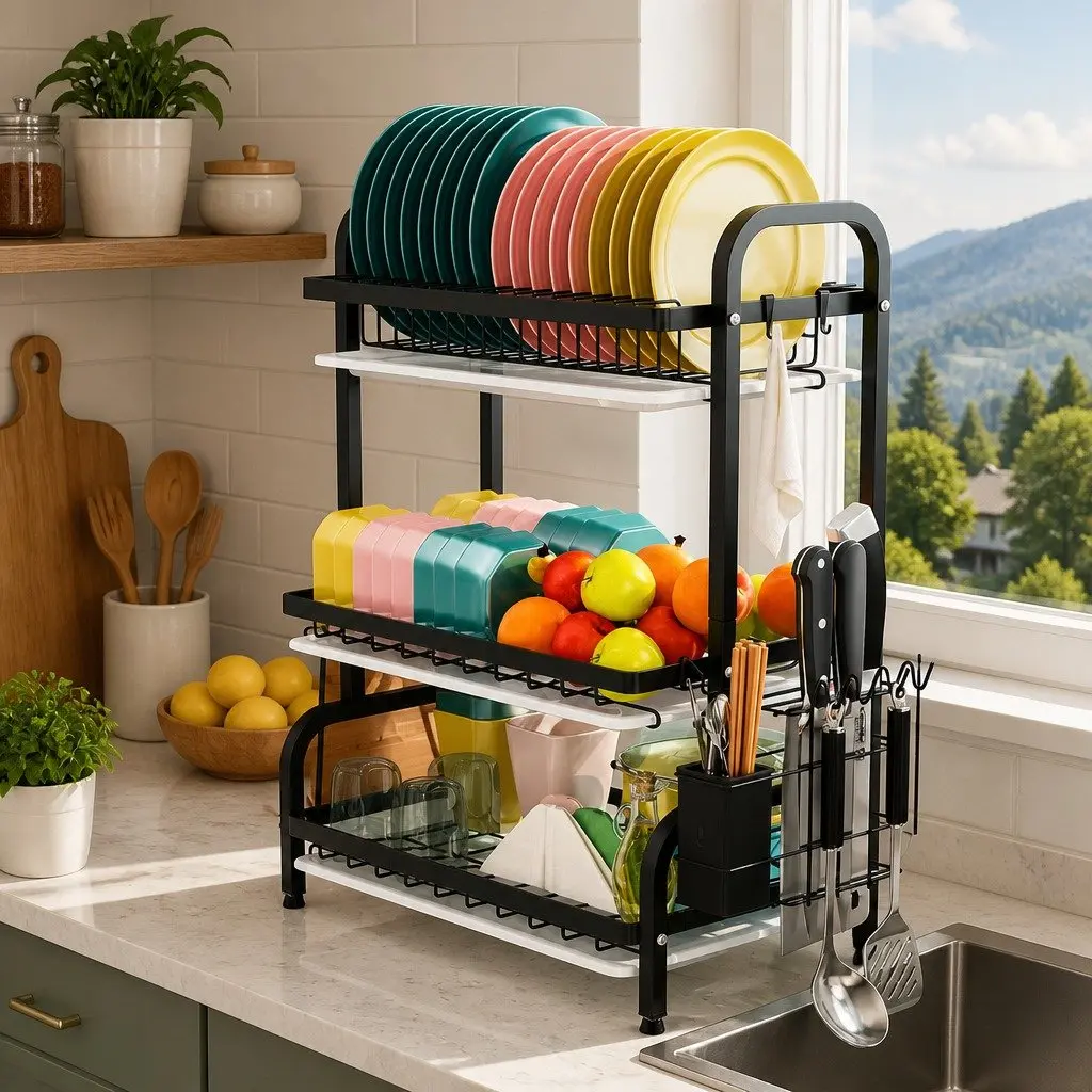 Large Capacity 3-Tier Dish Drying Rack for Kitchen