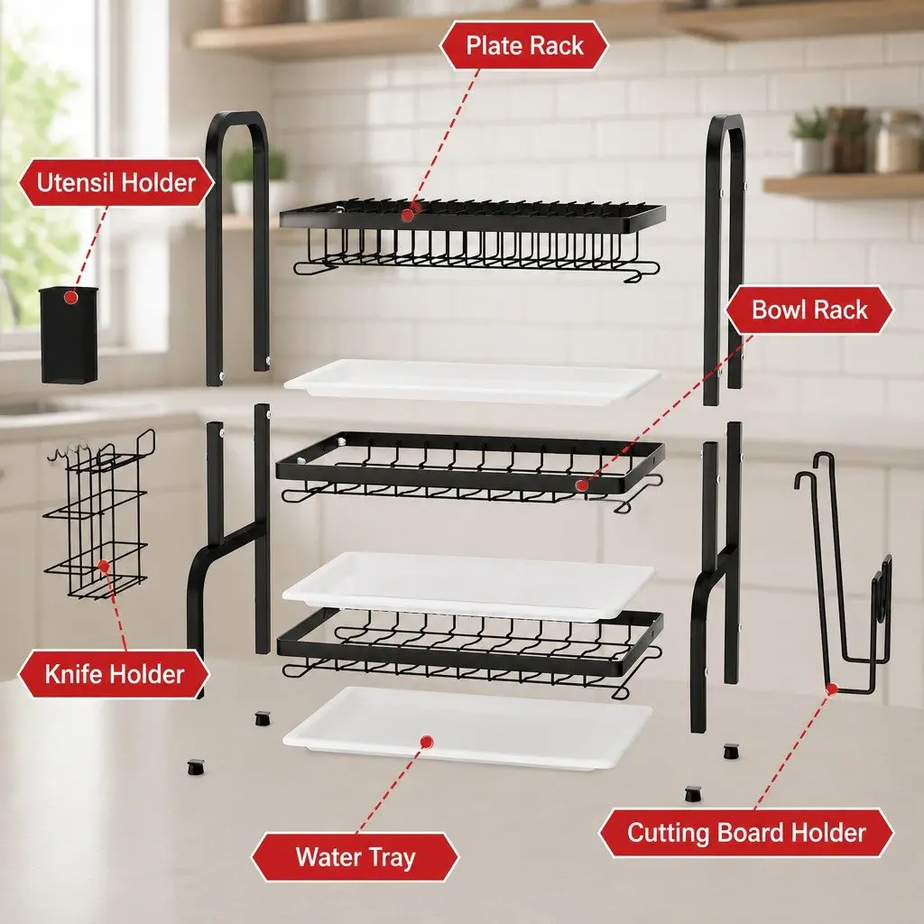 Large Capacity 3-Tier Dish Drying Rack for Kitchen