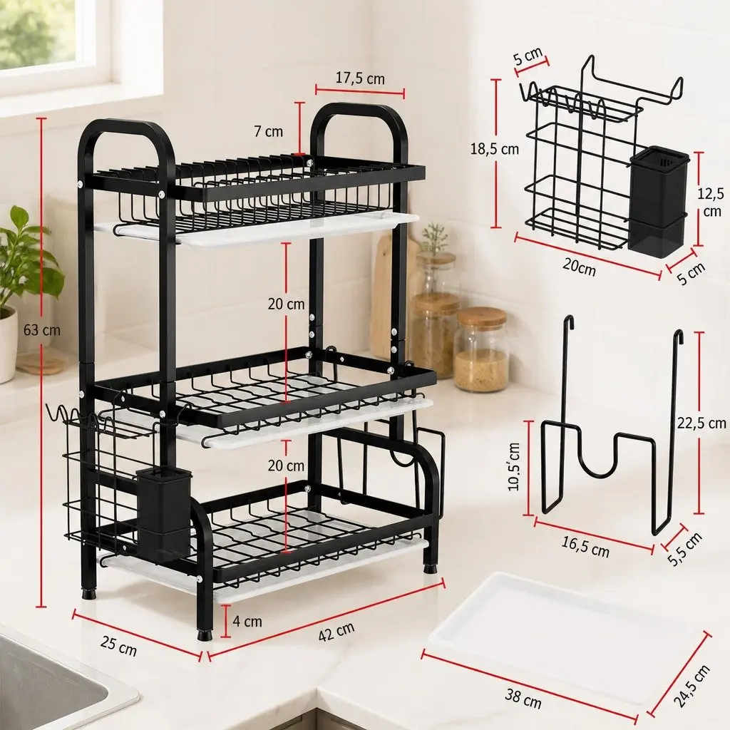 Large Capacity 3-Tier Dish Drying Rack for Kitchen