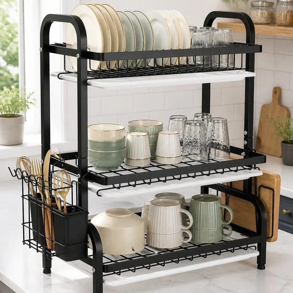 Large Capacity 3-Tier Dish Drying Rack for Kitchen