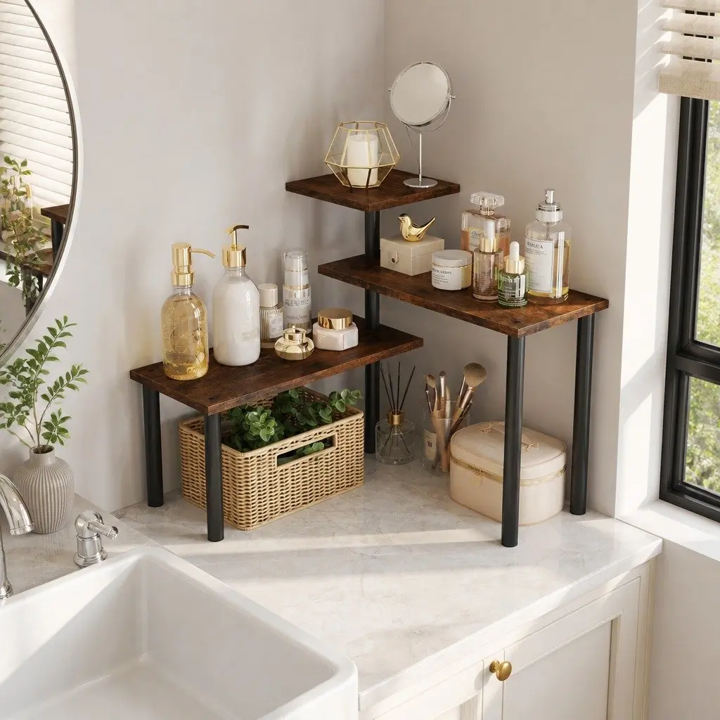 3-Tier Wooden Corner Shelf for Spice Storage