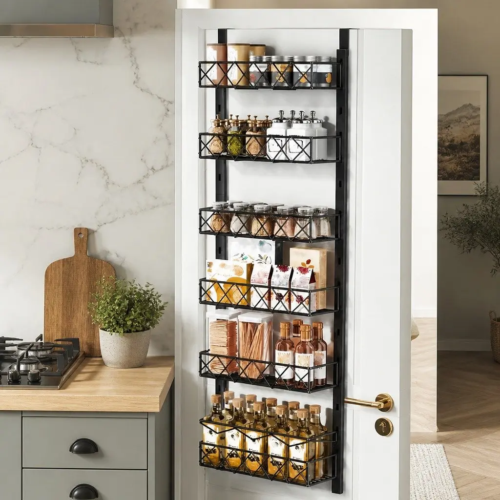 Over Door Pantry Organiser Metal 6 Tier Adjustable Storage Baskets Black 42cm x 13cm x 146cm