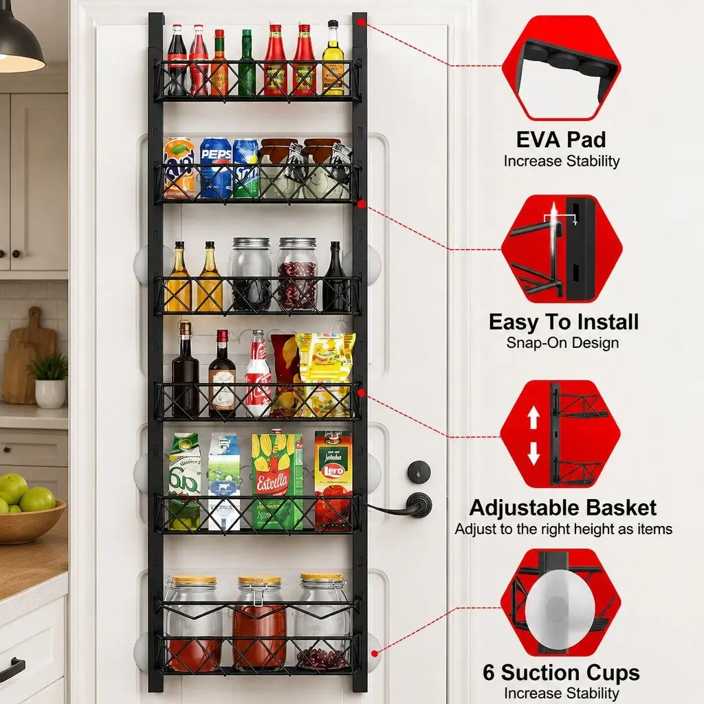 Over Door Pantry Organiser Metal 6 Tier Adjustable Storage Baskets Black 42cm x 13cm x 146cm
