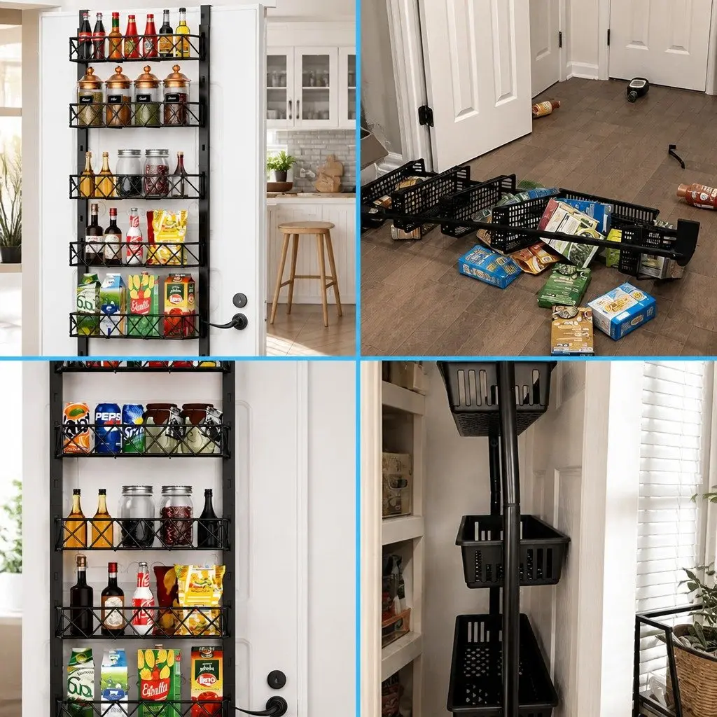 Over Door Pantry Organiser Metal 6 Tier Adjustable Storage Baskets Black 42cm x 13cm x 146cm