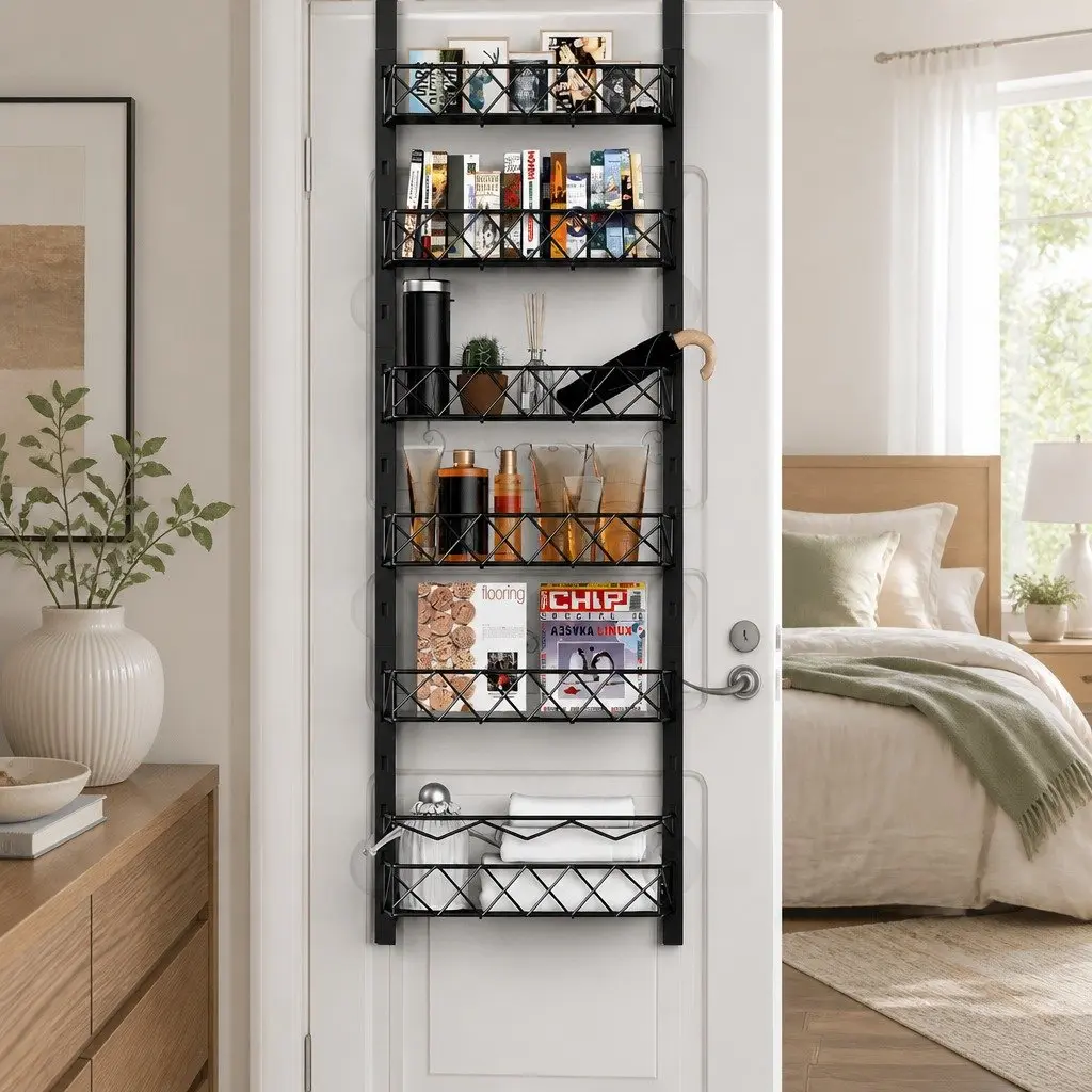 Over Door Pantry Organiser Metal 6 Tier Adjustable Storage Baskets Black 42cm x 13cm x 146cm