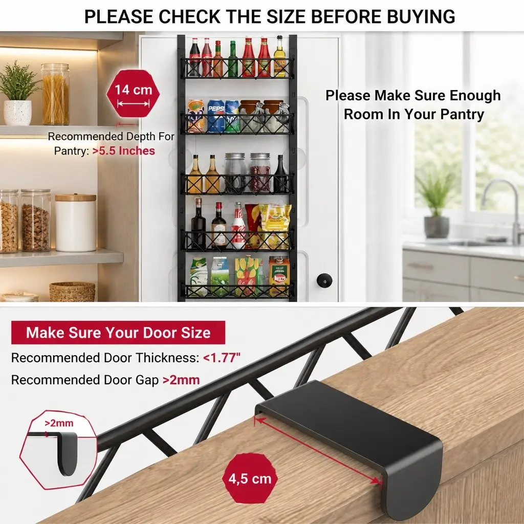 Over Door Pantry Organiser Metal 6 Tier Adjustable Storage Baskets Black 42cm x 13cm x 146cm