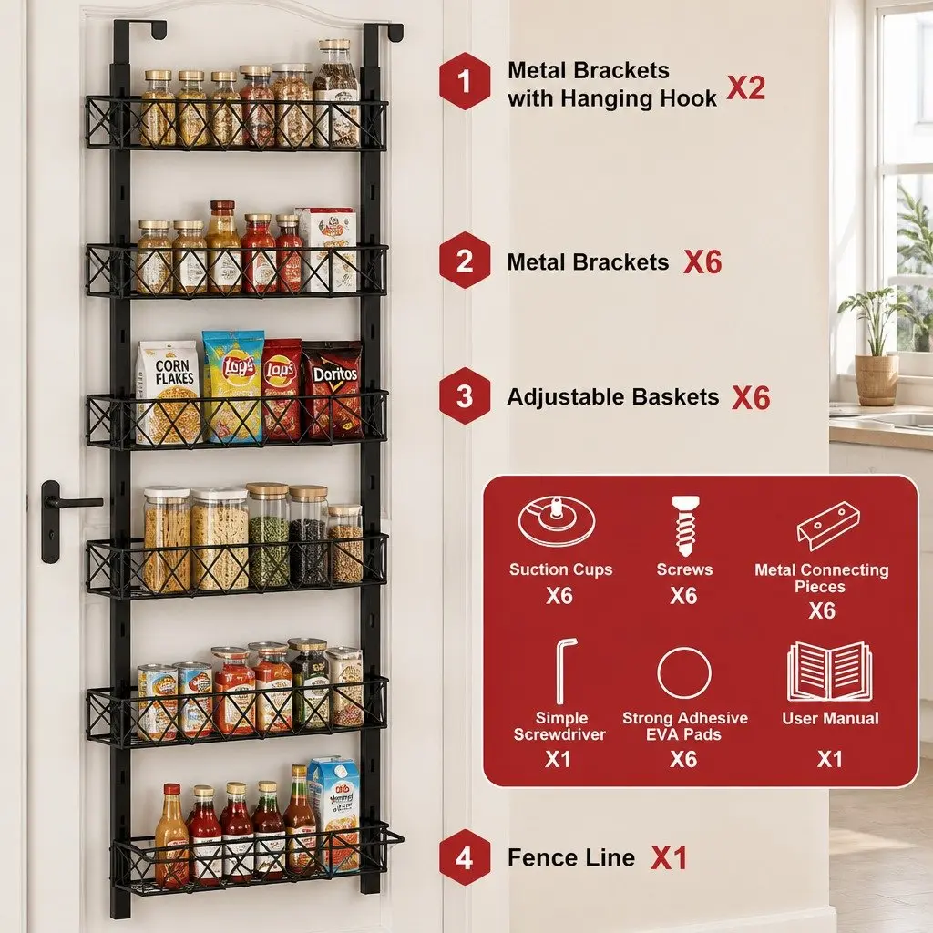 Over Door Pantry Organiser Metal 6 Tier Adjustable Storage Baskets Black 42cm x 13cm x 146cm