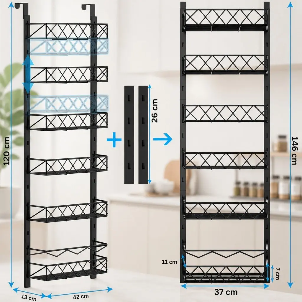 Over Door Pantry Organiser Metal 6 Tier Adjustable Storage Baskets Black 42cm x 13cm x 146cm