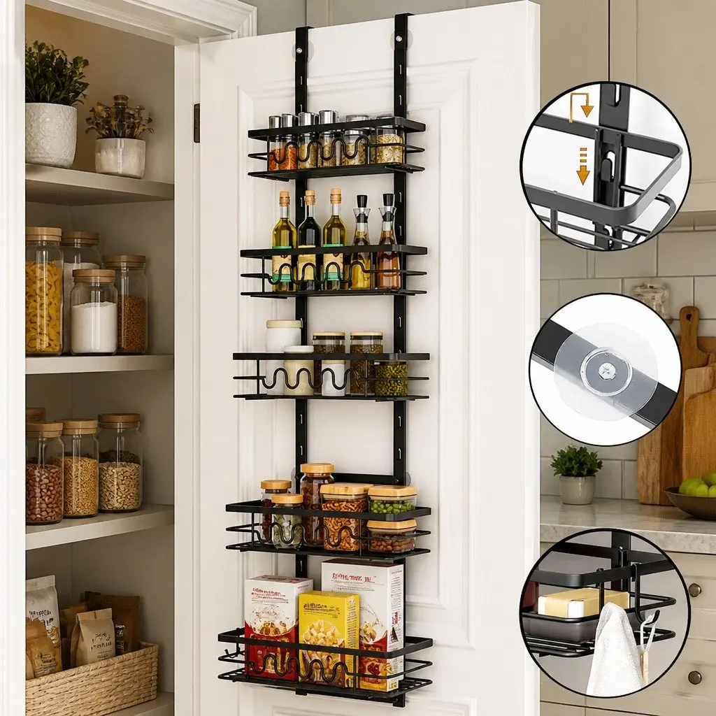 Over Door Pantry Organiser Metal 4 Tier Adjustable Black Storage Rack