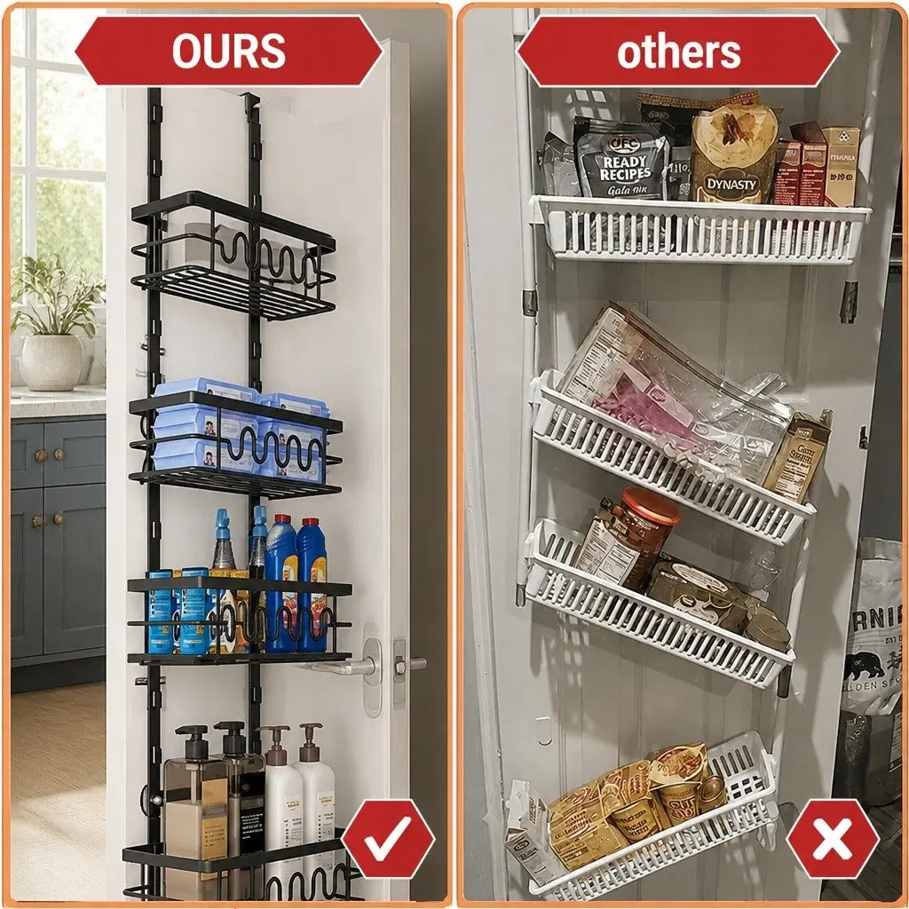 Over Door Pantry Organiser Metal 4 Tier Adjustable Black Storage Rack