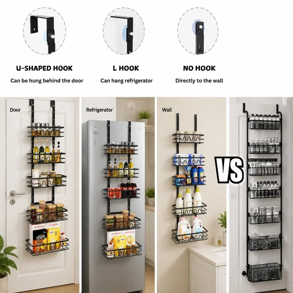 Over Door Pantry Organiser Metal 4 Tier Adjustable Black Storage Rack