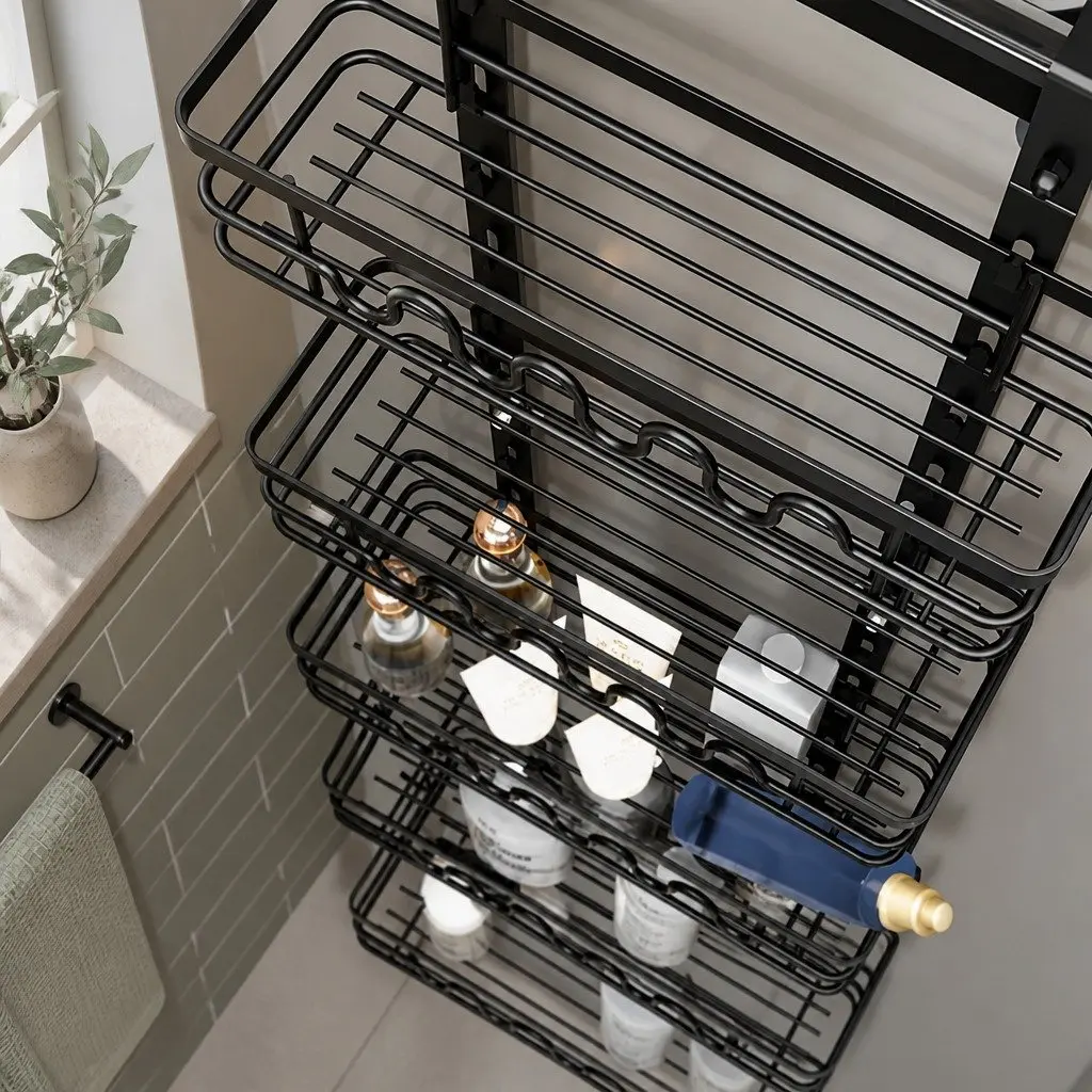 Over Door Pantry Organiser Metal 4 Tier Adjustable Black Storage Rack