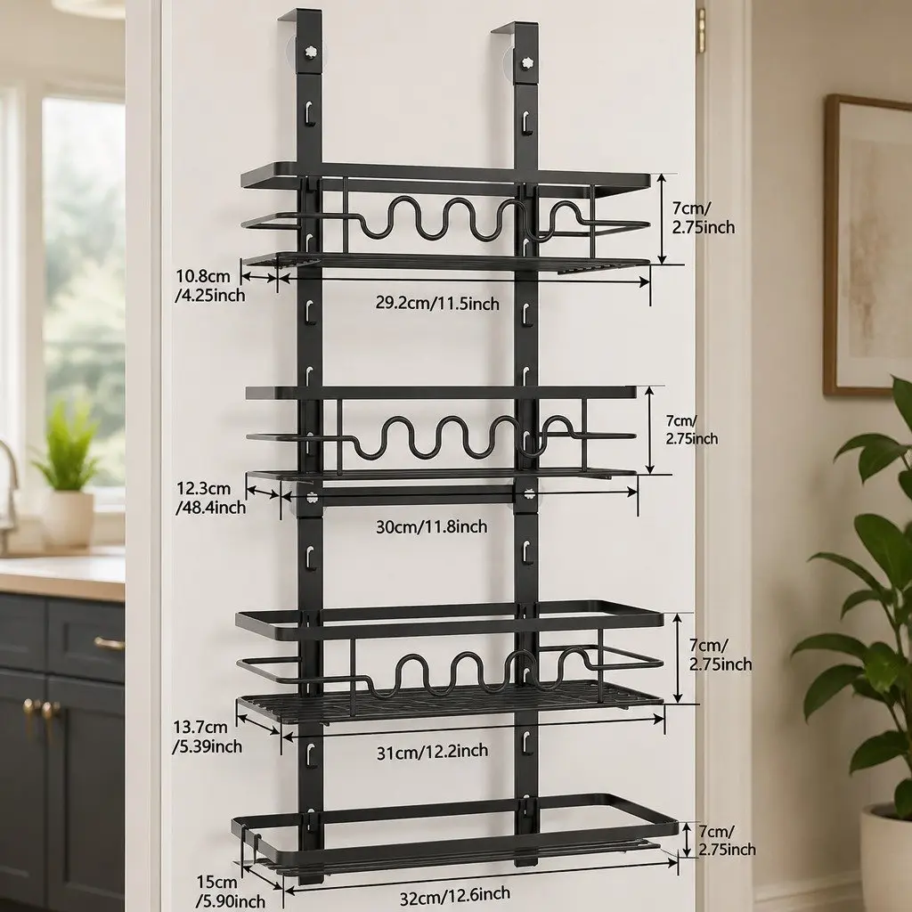 Over Door Pantry Organiser Metal 4 Tier Adjustable Black Storage Rack