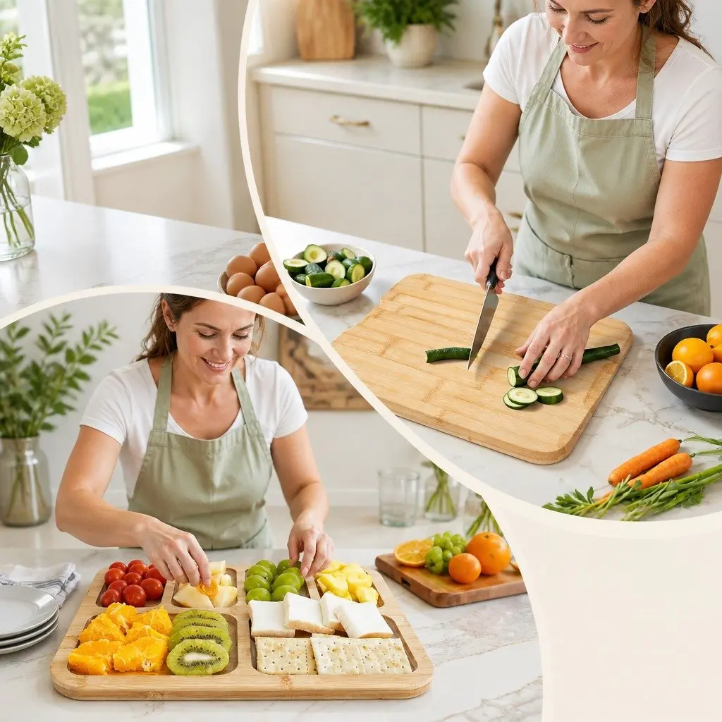 Bamboo Charcuterie Board Serving Tray 6 Compartments Natural Kitchen