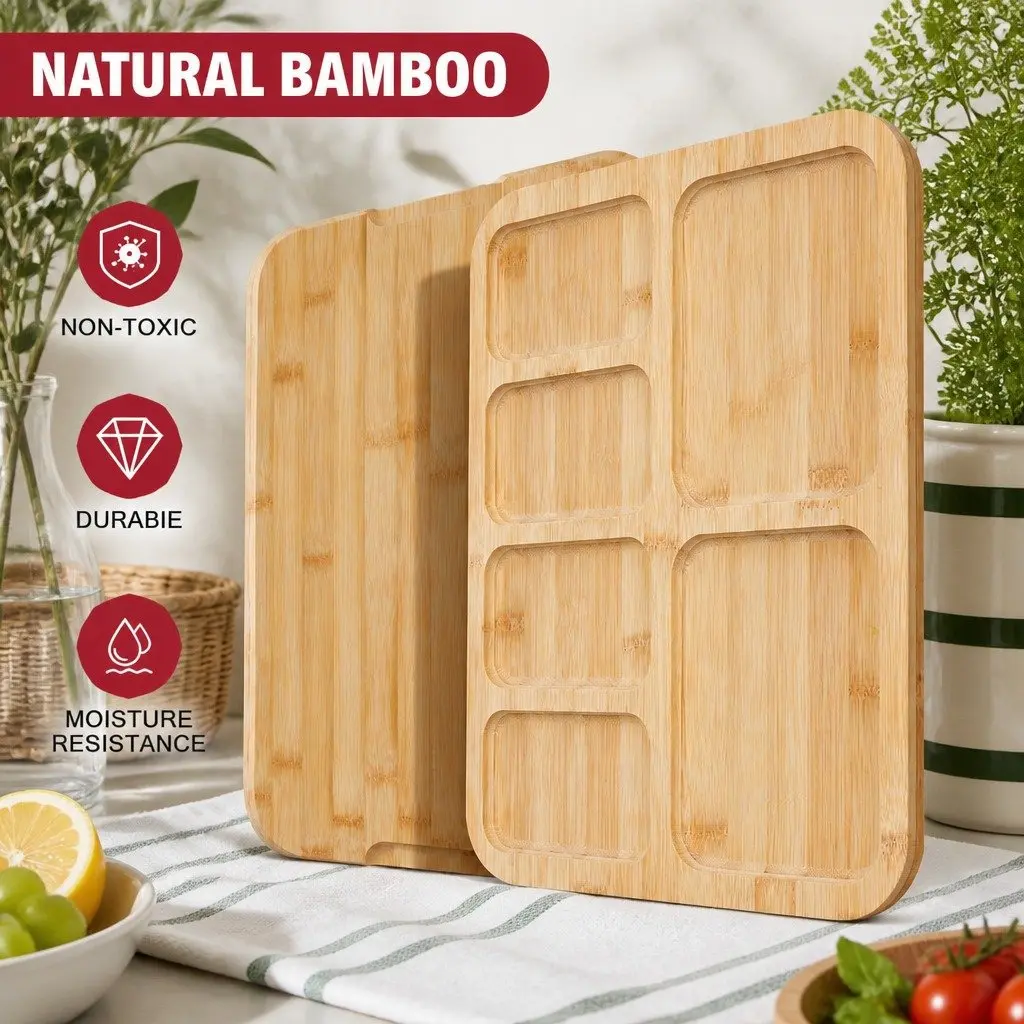Bamboo Charcuterie Board Serving Tray 6 Compartments Natural Kitchen