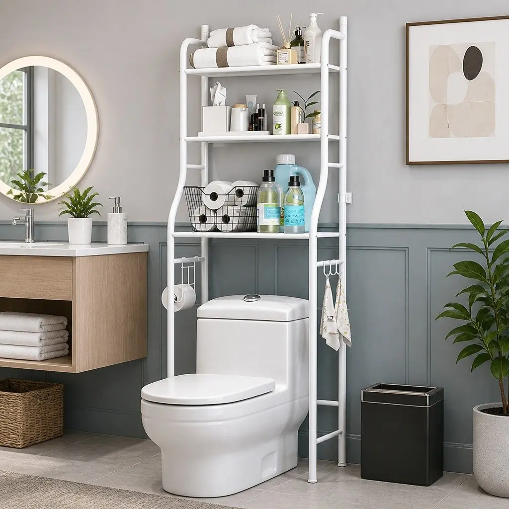 3-Tier Over The Toilet Storage Rack with Hooks