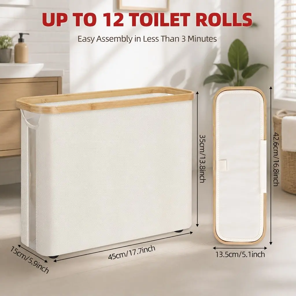 Toilet Paper Storage Basket Oxford Cloth Bamboo 35 x 45 x 15 cm White