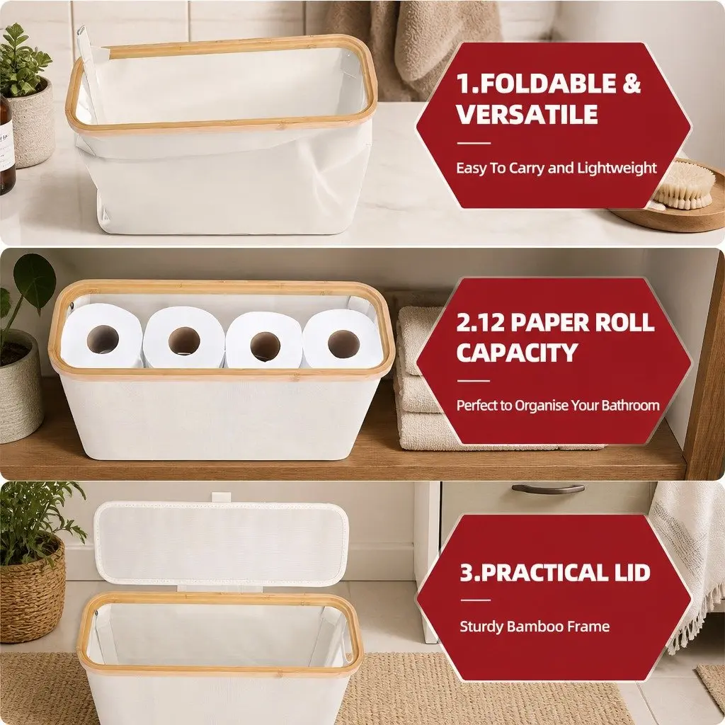 Toilet Paper Storage Basket Oxford Cloth Bamboo 35 x 45 x 15 cm White