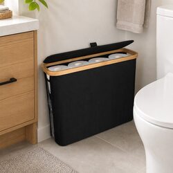 Bamboo-Lid Toilet Paper Storage Basket with Handles