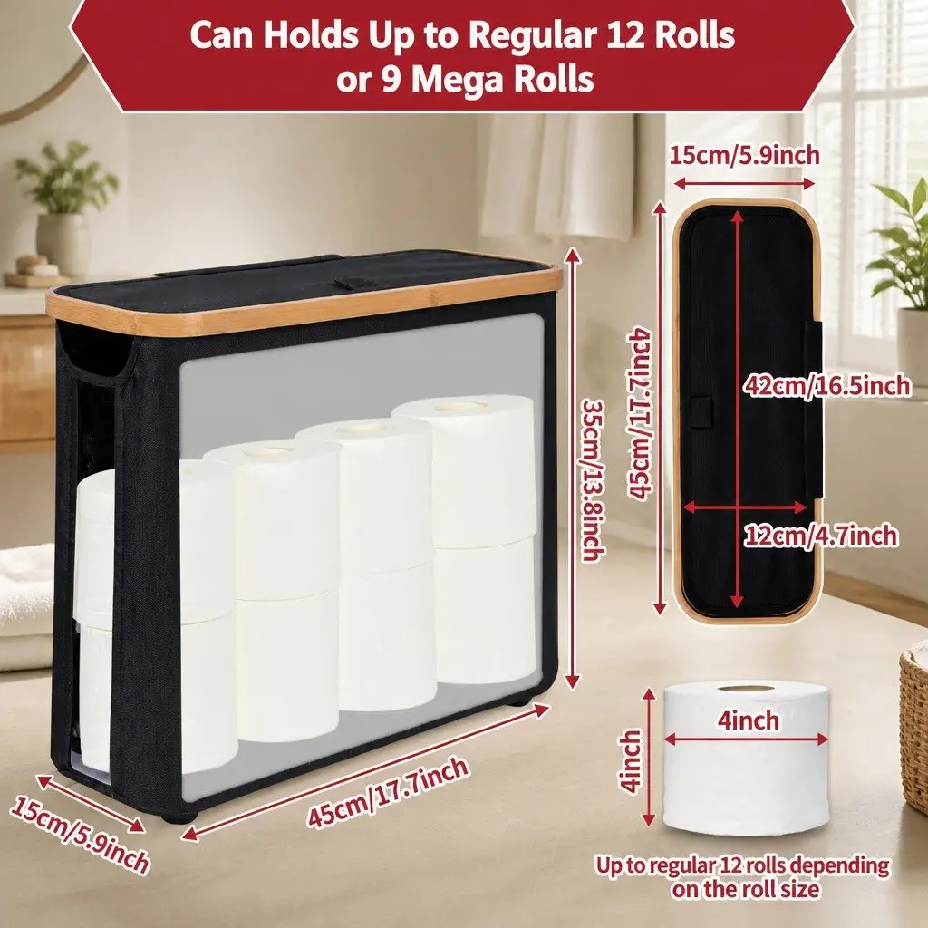 Bamboo-Lid Toilet Paper Storage Basket with Handles