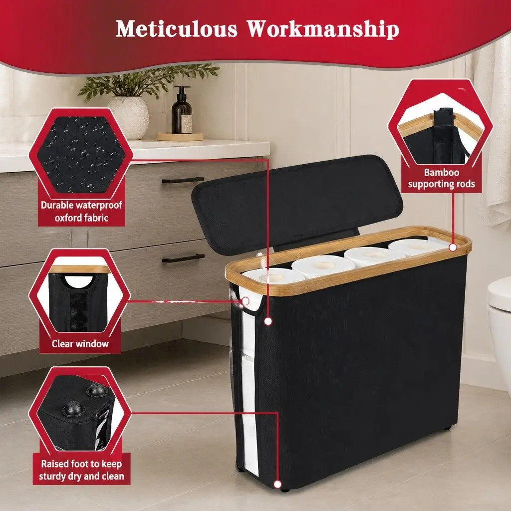 Bamboo-Lid Toilet Paper Storage Basket with Handles