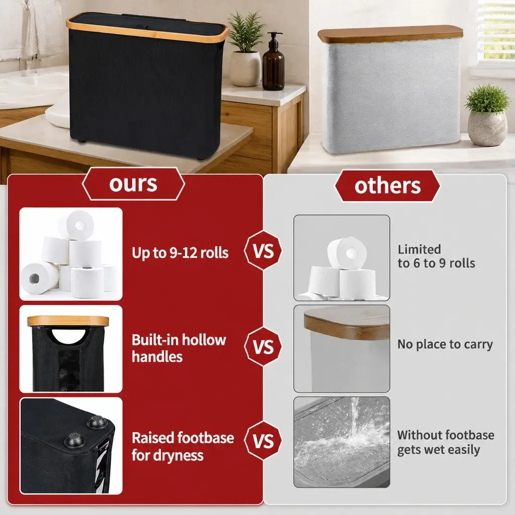 Bamboo-Lid Toilet Paper Storage Basket with Handles
